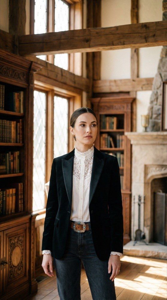 Redactionele modefotoshoot — bibliotheek setting